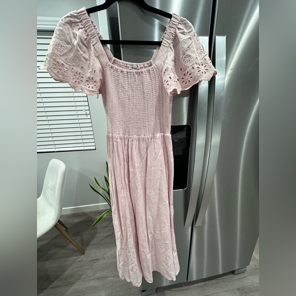Madewell Pink Smocked Midi Dress Puff Sleeves